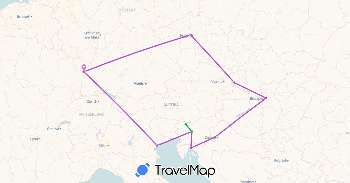 TravelMap itinerary: driving, bus, train in Czech Republic, France, Croatia, Hungary, Italy, Slovenia, Slovakia (Europe)